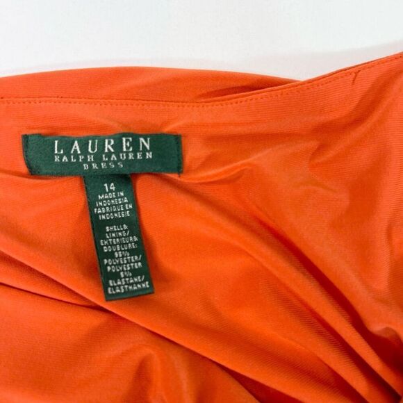 Lauren Ralph Lauren Midi Dress Womens 14 Red Stretch Drapered Neck Ruched Side - Picture 3 of 9
